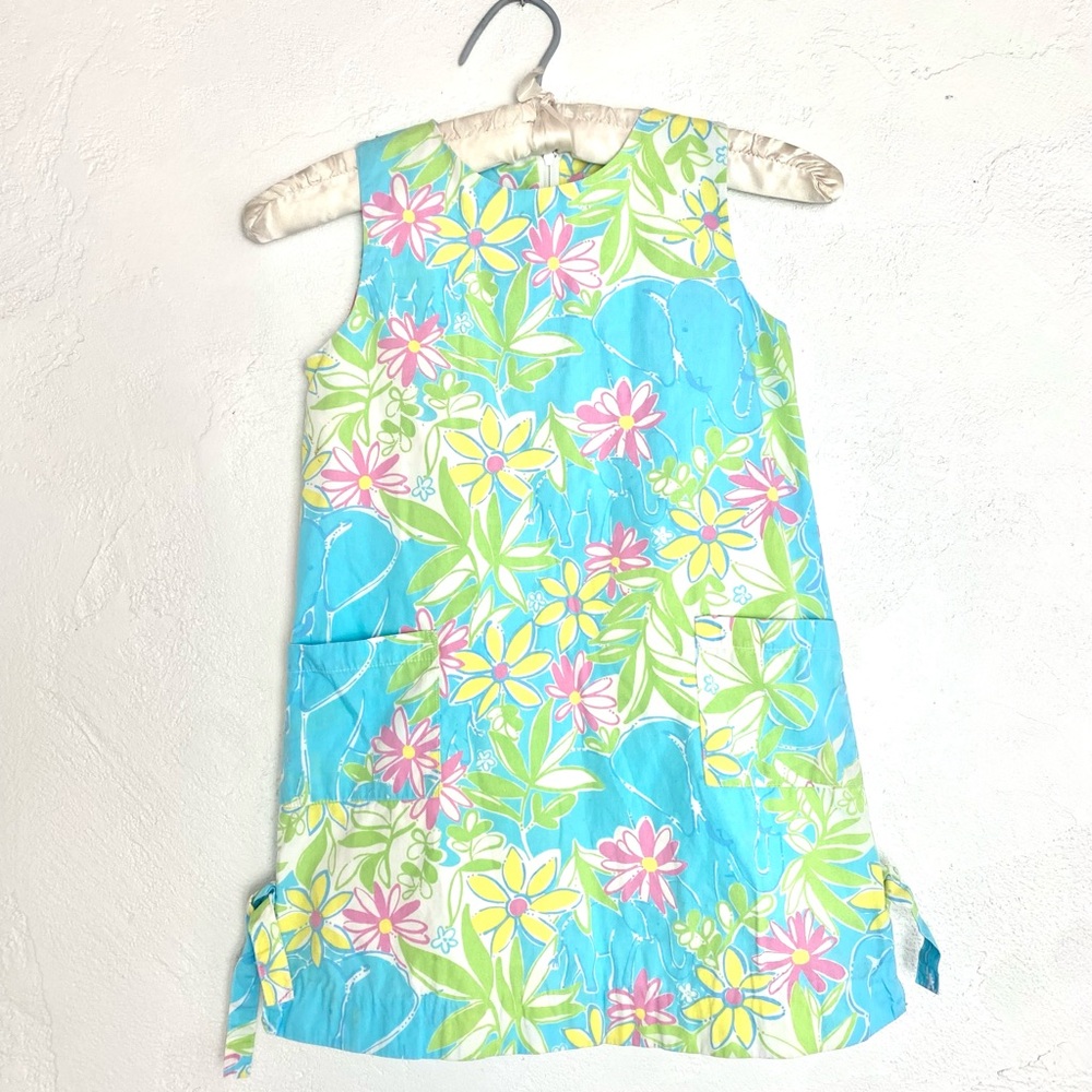 Lilly Pulitzer Blue and Green Floral Elephants Shift Dress Vintage